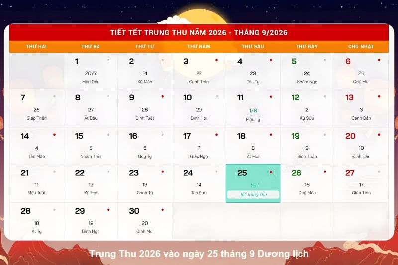 Lịch nghỉ Tết Trung Thu 2026