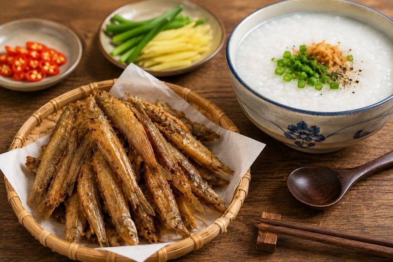 Khô cá bống chiên giòn ăn kèm tô cháo trắng nóng ấm