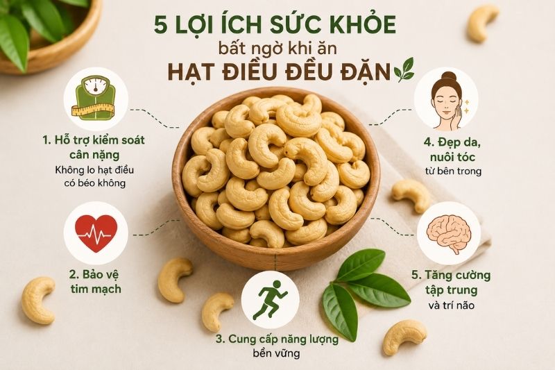 5 lợi ích sức khỏe bất ngờ khi ăn hạt điều đều đặn