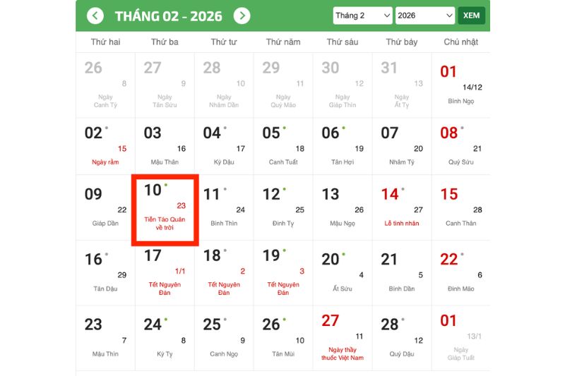 Ngày Tết Ông Công Ông Táo trong năm 2026 là ngày nào