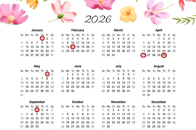 Tổng hợp các dịp nghỉ lễ năm 2026 Tai Thong