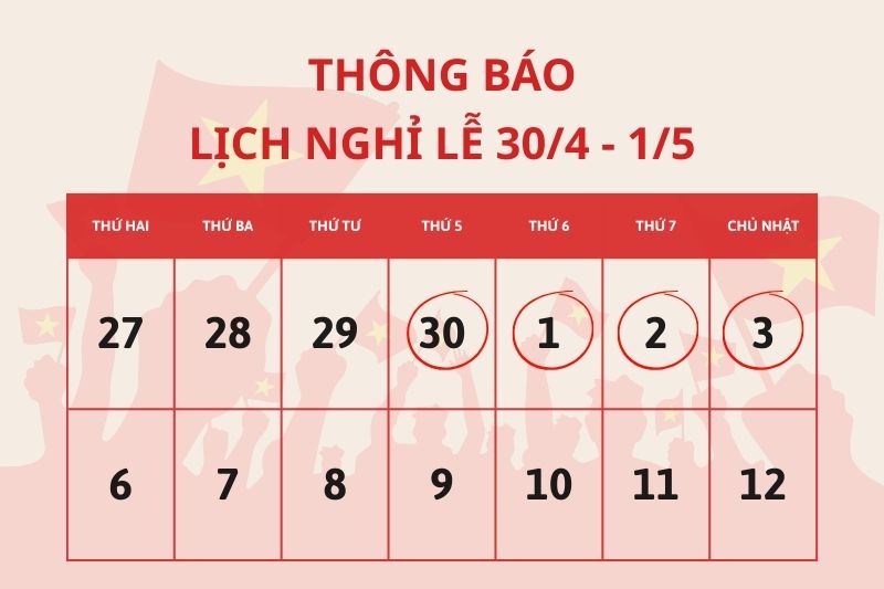 Lịch nghỉ lễ 30/4 và 1/5 chính thức