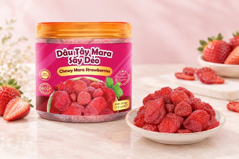 Dâu tây sấy dẻo Mara des Bois - món ăn vặt ngày Tết