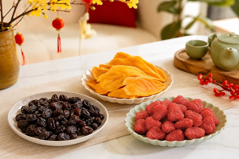 Trái cây sấy dẻo trong khay bánh kẹo Tết