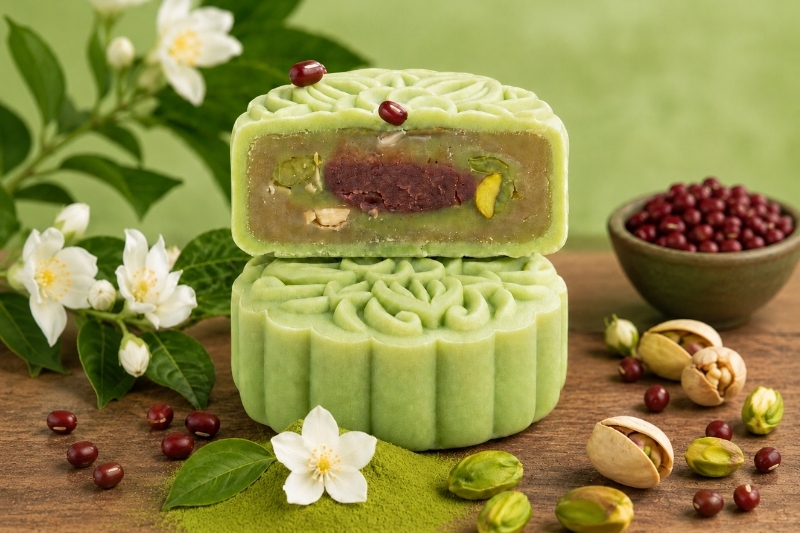 Bánh Trung Thu chay Trà Xanh Hoa Nhài Đậu Đỏ